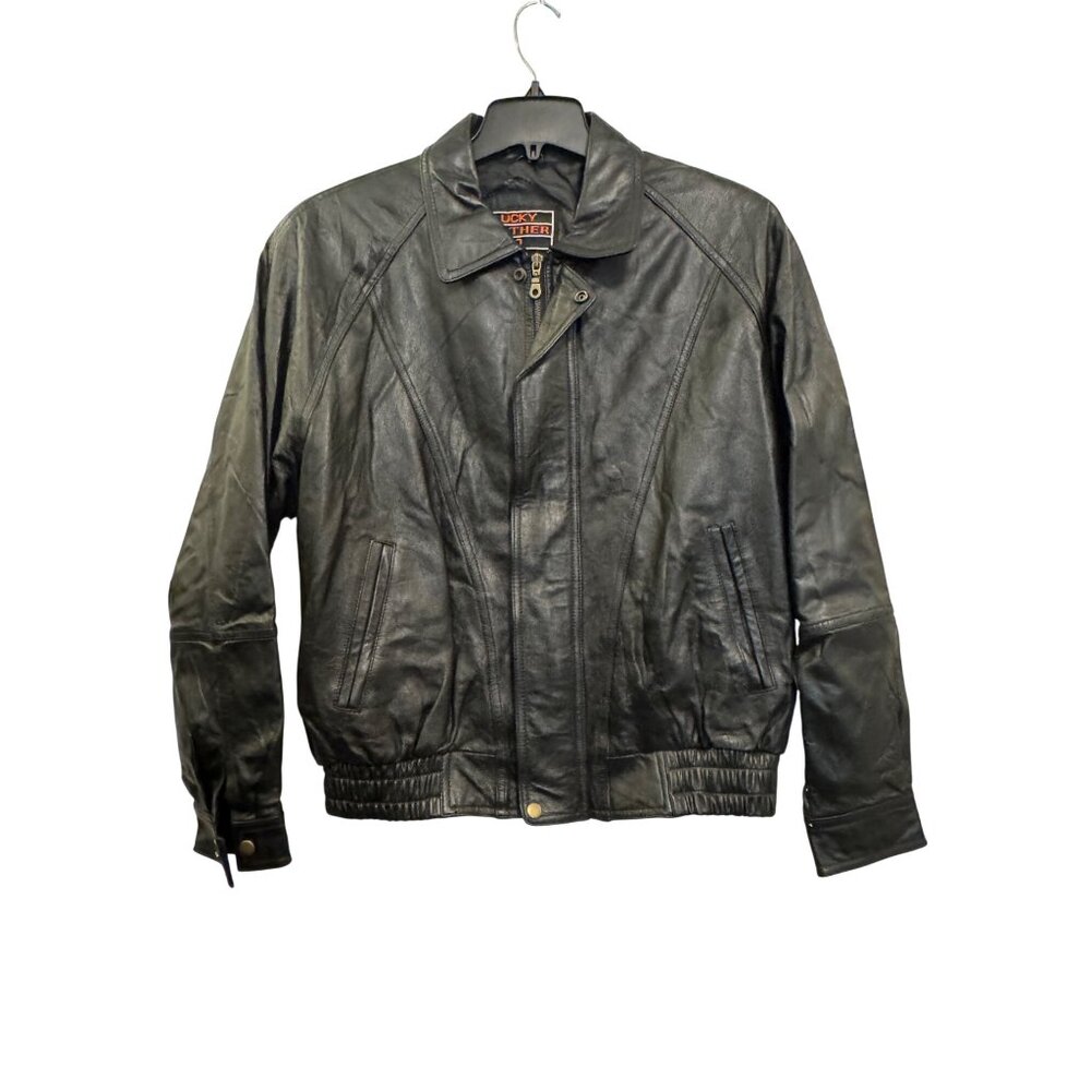Lucky Leather Co Black Mens Leather Jacket Size L Zip-Up Elastic Hem China